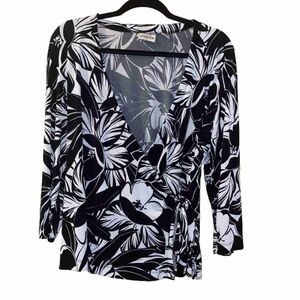 CHICO’S Black & White Faux Wrap Blouse Size 3